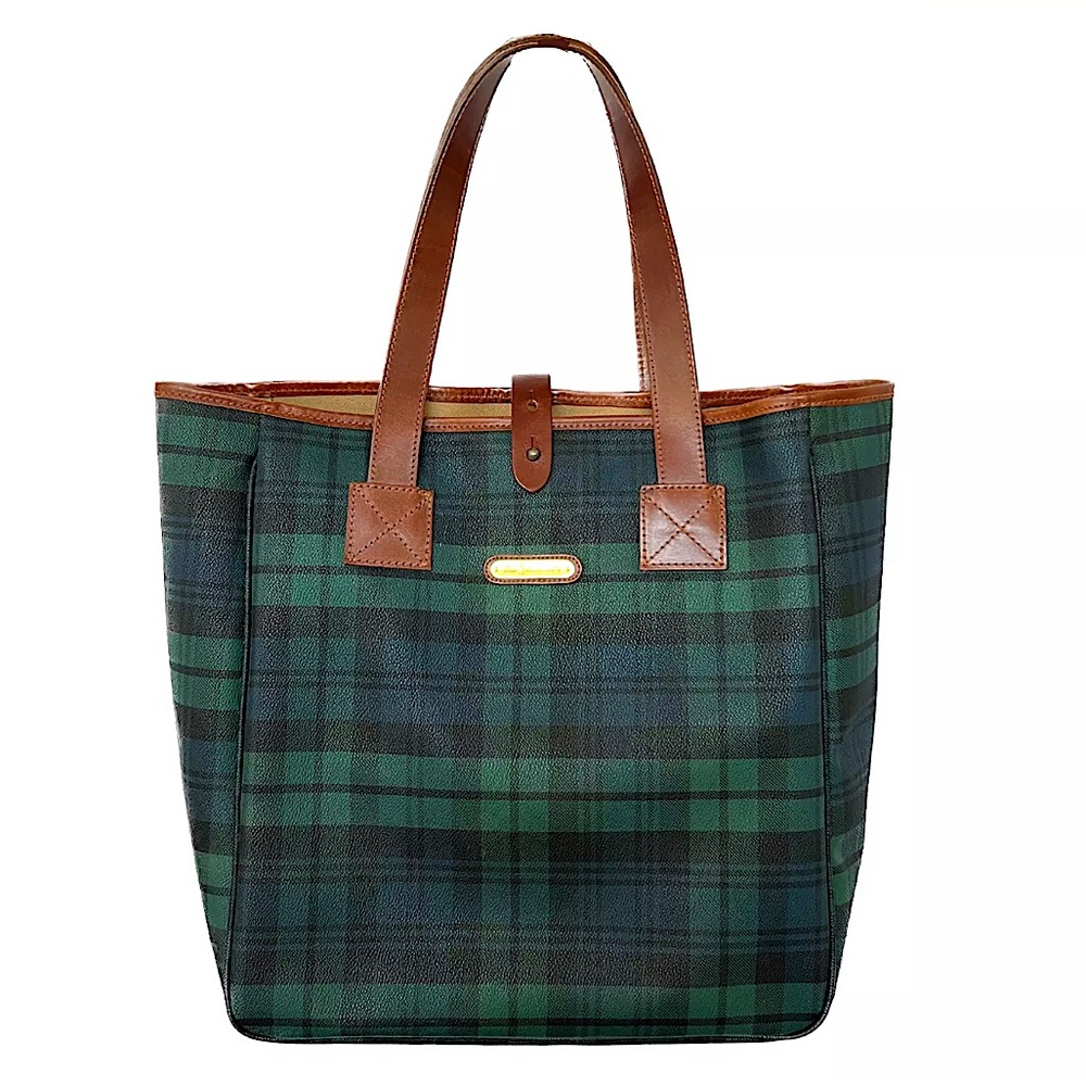 RALPH LAUREN Navy Blue Hunter Green Black Watch Plaid Oversized Camp Tote Bag